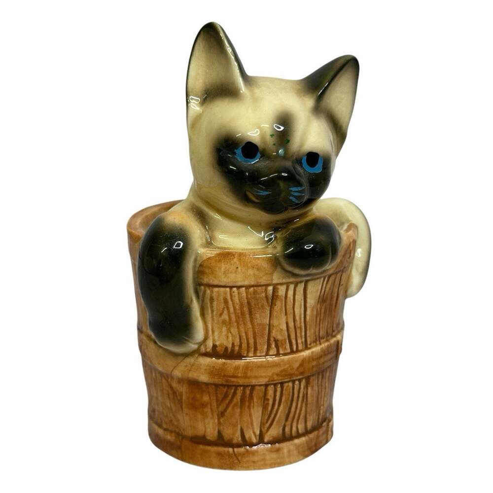 Siamese Kitten Cat Milk Bucket Figurine Collectible Vintage Enesco Ceramic